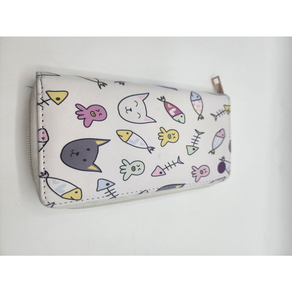 Cute Cat Fish Print Zip Around Wallet Organizer Pouch White